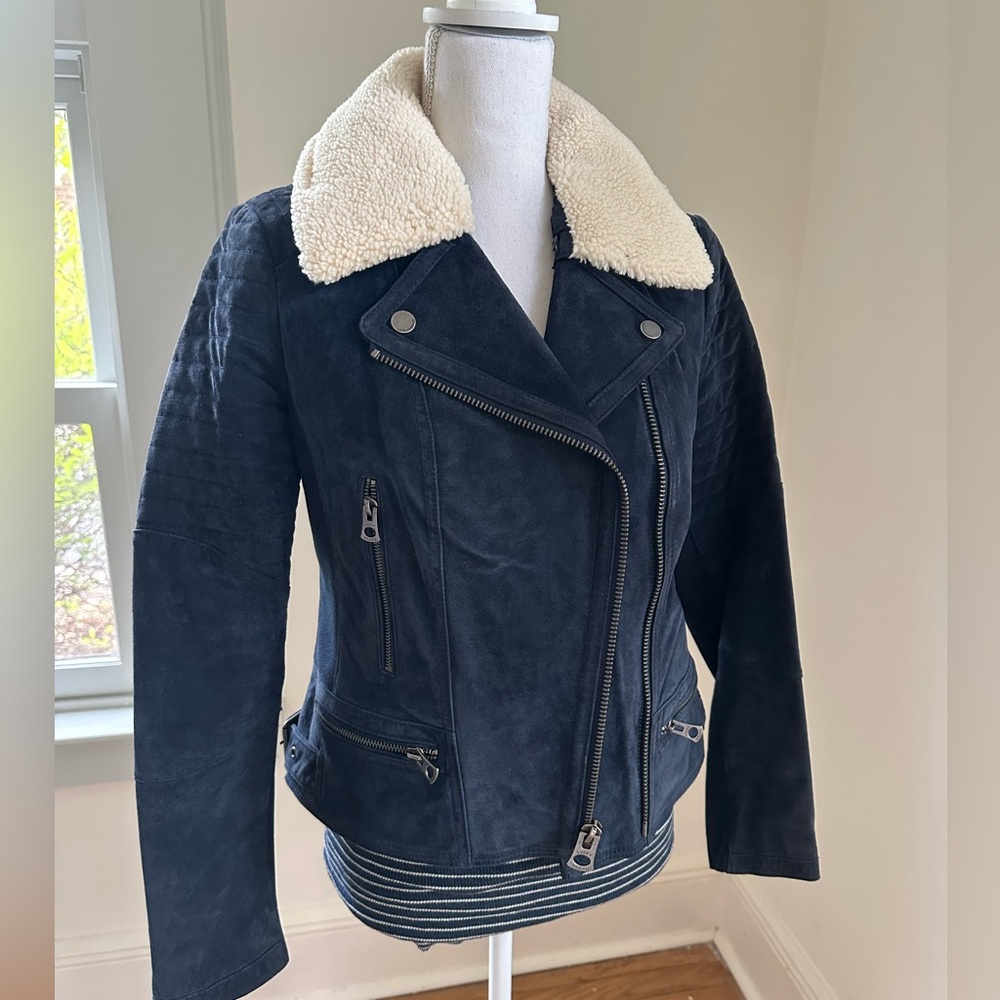 Lucky Brand Navy Suede Shearling Collar Jacket size Small